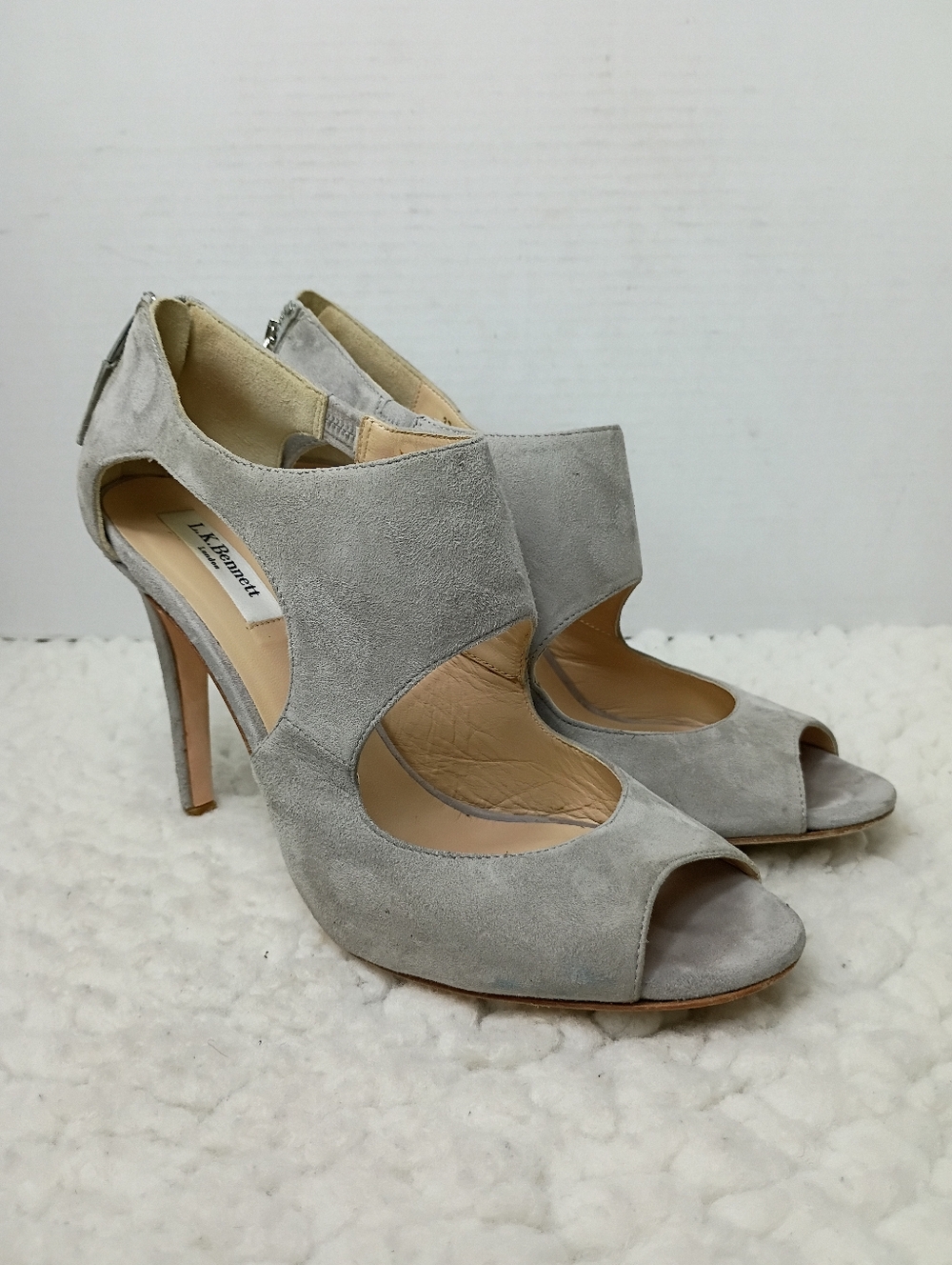 L.K. Bennett London Suede Peep Toe Heels Gray Cutout Stiletto Italy Women Size 9